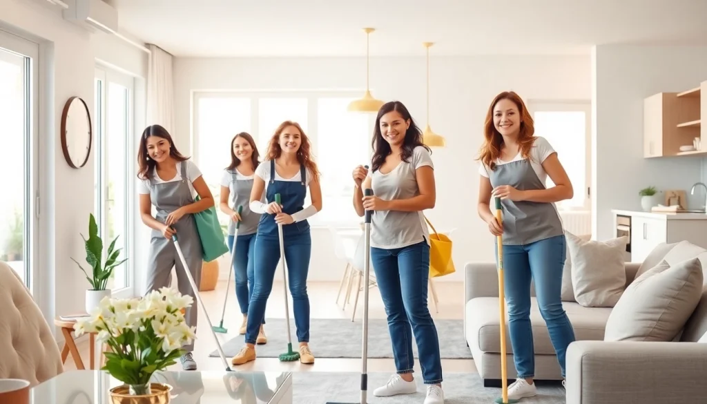 Engaging cleaning service team efficiently tidying a modern home environment with vibrant natural lighting.