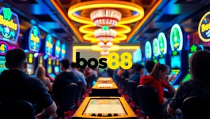 Menggambarkan pengalaman bermain di bos88 dengan pemain yang bersemangat dan logo yang jelas terlihat.