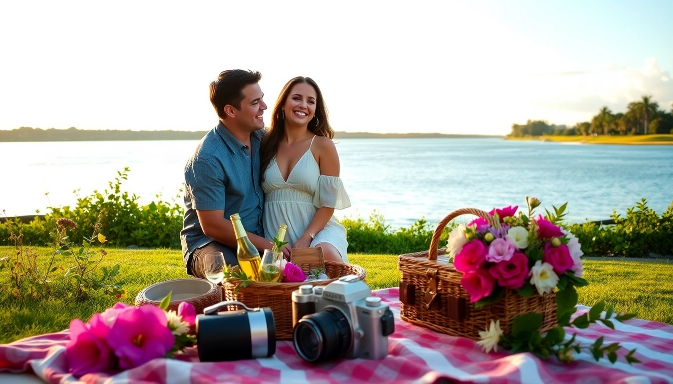Tampa engagement photographers capturing a joyful couple surrounded by lush greenery and a romantic picnic setup.