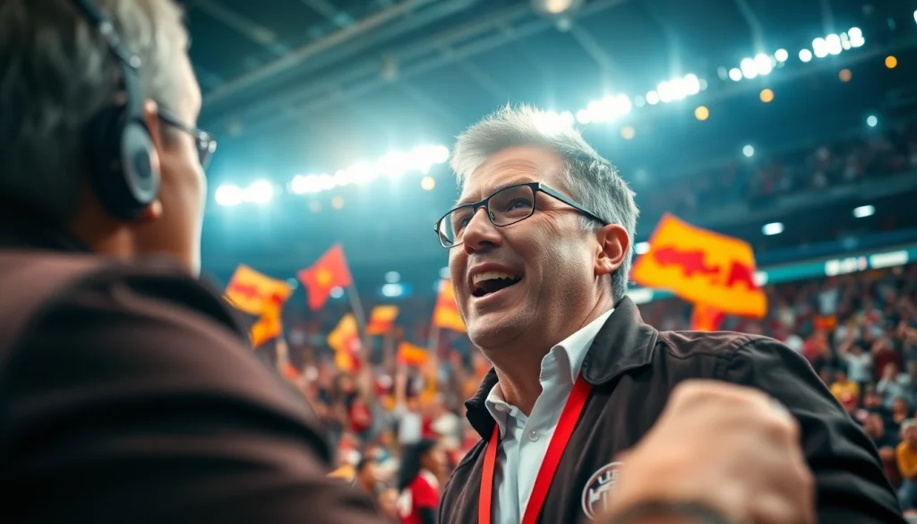 스포츠중계 중인 전문 방송인이 경기 중계를 진행하는 모습