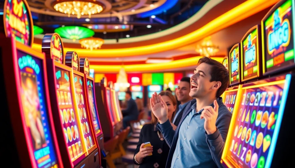 Rasakan keseruan dari Unogg slot game dengan pemain yang berinteraksi di mesin slot berwarna cerah.