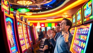 Rasakan keseruan dari Unogg slot game dengan pemain yang berinteraksi di mesin slot berwarna cerah.