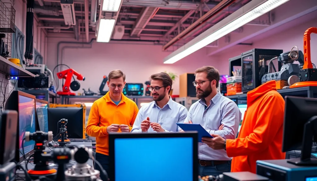 Technology engineers collaborating with innovative gadgets in a modern lab