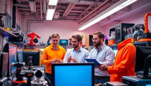 Technology engineers collaborating with innovative gadgets in a modern lab