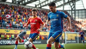 Soccer players showcasing affordable cheap football kits in an energetic stadium setting.