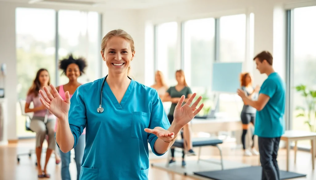 Engaging scene of Health in Motion Rehabilitation therapy session with diverse patients and expert guidance.