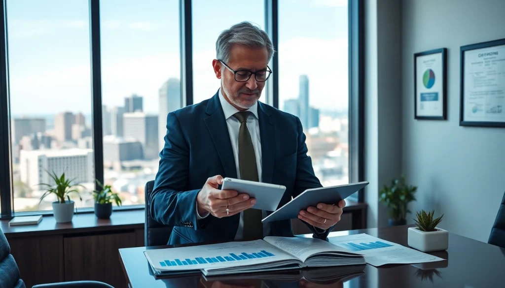 Engaging wealth management San Antonio consultant in a modern office, reviewing financial data.