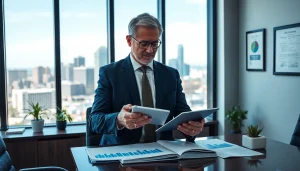 Engaging wealth management San Antonio consultant in a modern office, reviewing financial data.