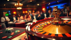 Bermain slot online di kasino yang mewah dengan suasana meriah dan chip warna-warni.