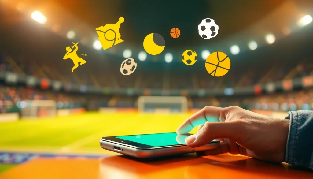 Engaging in best sports betting sites in India through a mobile device amidst dynamic sports symbols.