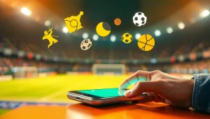 Engaging in best sports betting sites in India through a mobile device amidst dynamic sports symbols.