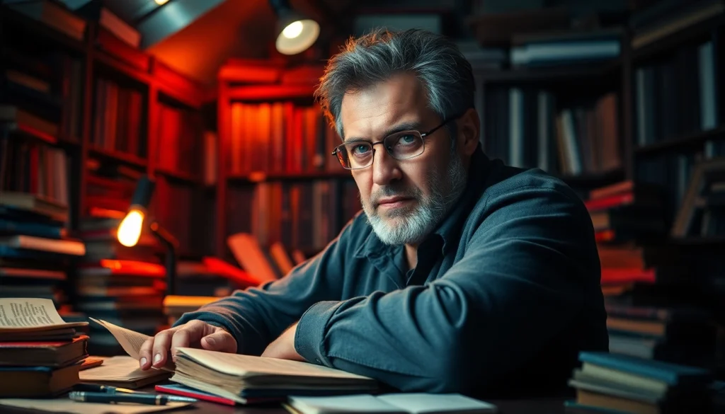 Engaging action thriller author intensely focused on writing amidst a dramatic workspace.