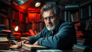 Engaging action thriller author intensely focused on writing amidst a dramatic workspace.