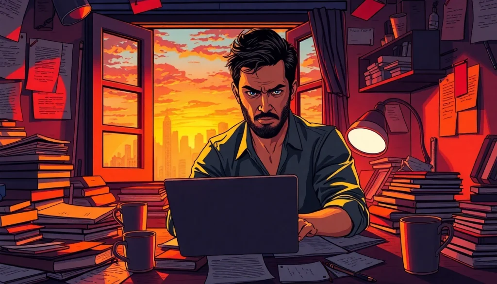 Action thriller author passionately writing amidst a chaotic creative space with dramatic lighting.