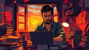 Action thriller author passionately writing amidst a chaotic creative space with dramatic lighting.