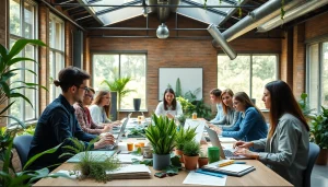 Engaged team discusses themes from https://www.unsustainablemagazine.com in an inspiring, eco-friendly setting.