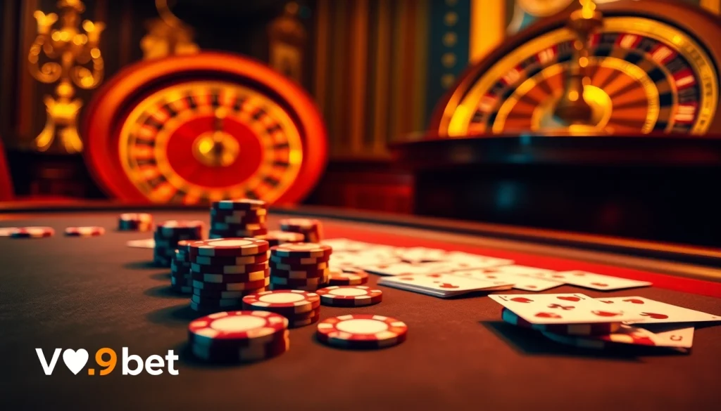 Engaging scene of a poker table for V9 bet showcasing chips, cards, and a roulette wheel in a luxurious setting.