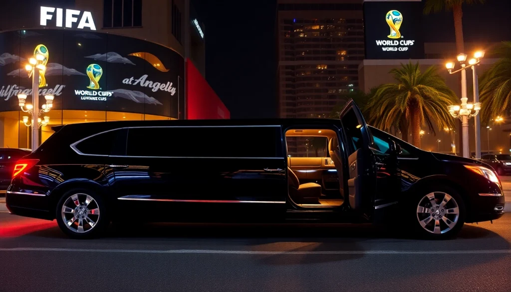 World Cup Group Transportation in a luxurious limousine parked in Los Angeles with vibrant city lights.