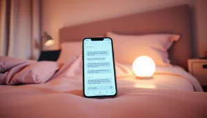 AI sexting chatbot displayed on a smartphone in a cozy bedroom setting.