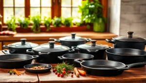 Discovering cast iron cookware NZ with beautifully crafted skillets and Dutch ovens set against a rustic kitchen backdrop.