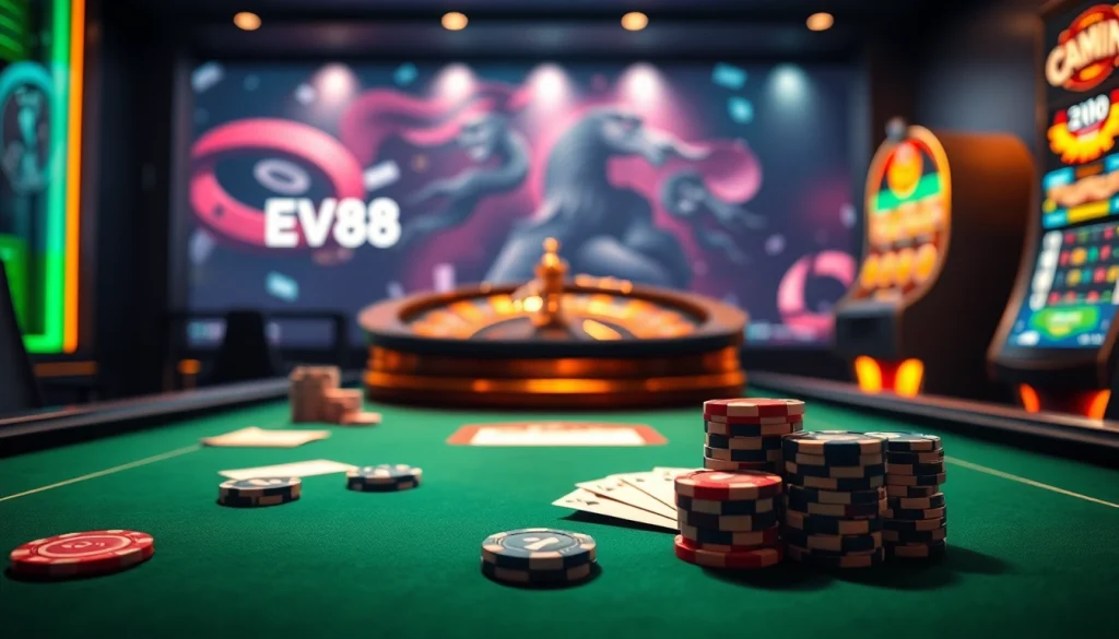 Experience EV88 đăng nhập with engaging live casino gameplay and captivating slot machines, illustrating high-stakes excitement.