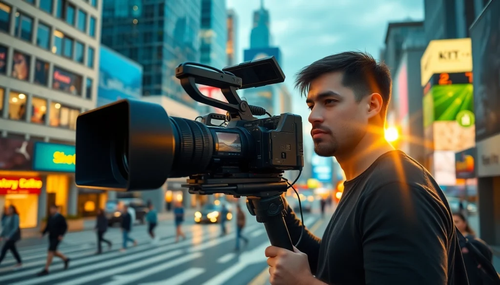 Capturing moments as a Videographer in a vibrant urban setting with a high-quality camera.
