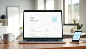 快连官网 user-friendly VPN interface displayed on a laptop, showcasing security features and design elements.