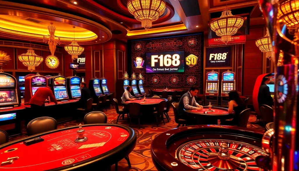 Experience the thrill of gambling with ลิงก์ F168 in a luxurious casino setting featuring vibrant games.