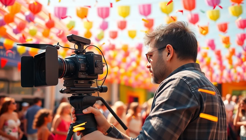 Videographer capturing vibrant outdoor event moments with professional camera gear.