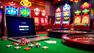 Access doaslot login interface surrounded by casino elements like slot machines, poker chips, and roulette.