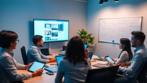 Công ty thiết kế website team collaborating in a modern office to create innovative web solutions.