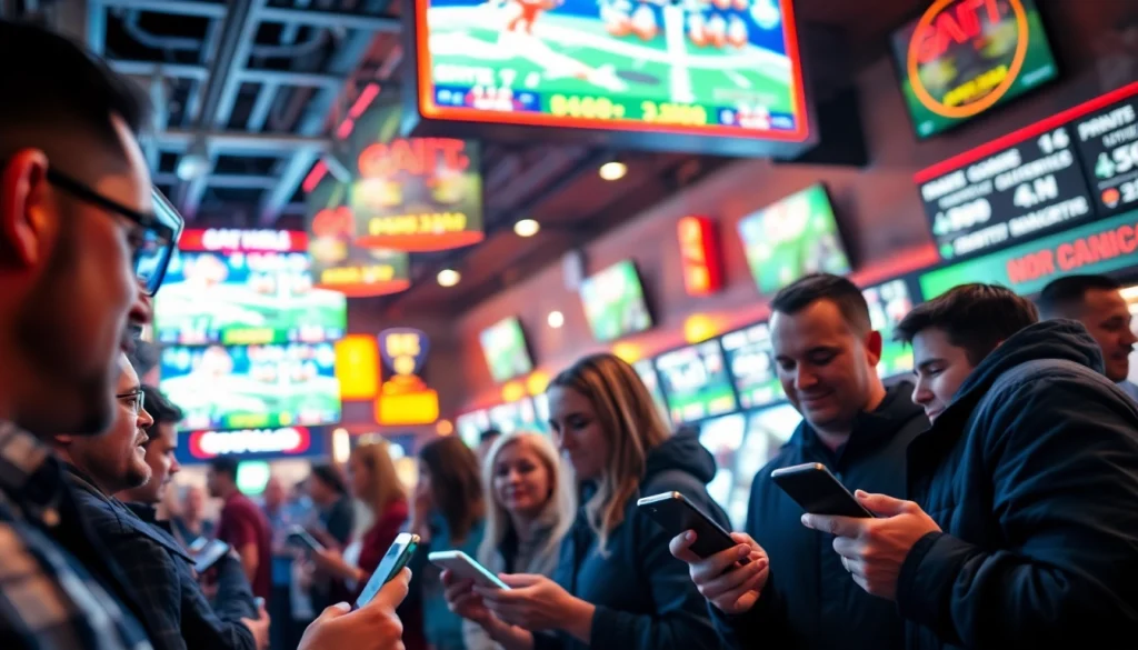 Engaging scene of sports betting California with mobile betting and urban excitement.