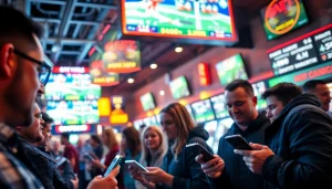 Engaging scene of sports betting California with mobile betting and urban excitement.