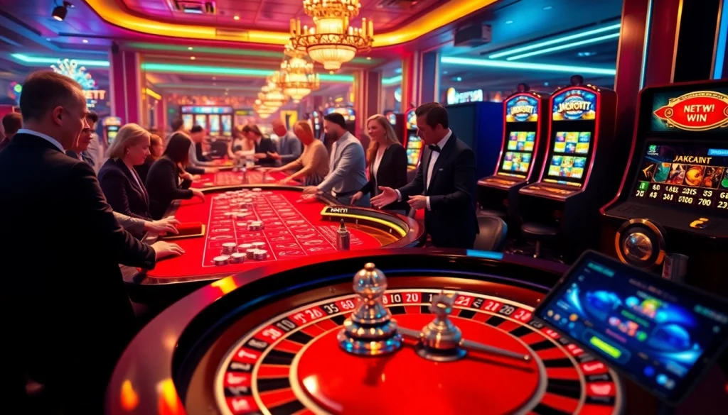 Net win excitement at a luxurious casino with players celebrating big wins at the roulette table.
