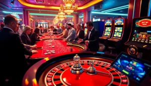 Net win excitement at a luxurious casino with players celebrating big wins at the roulette table.