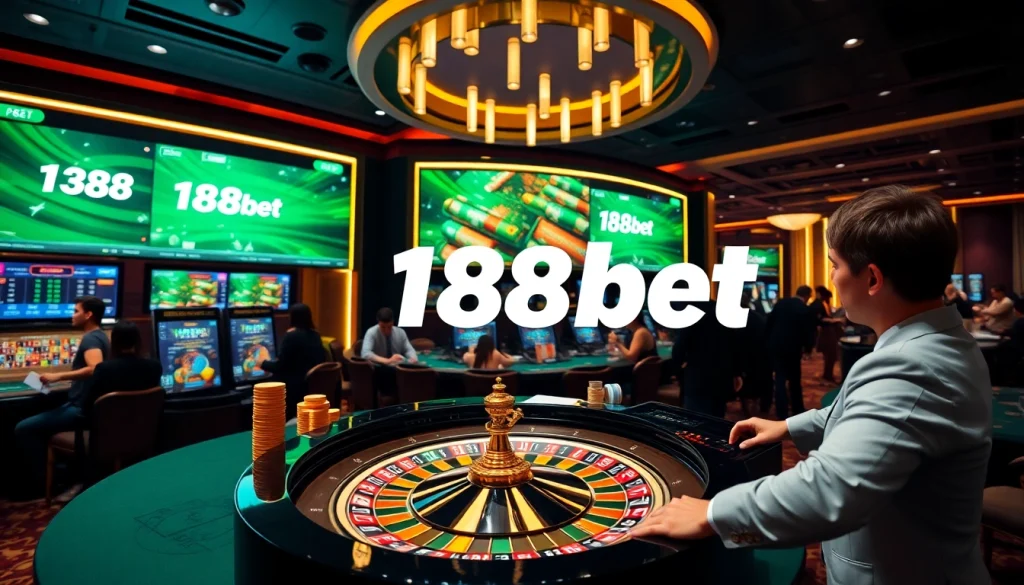 Engaging scene of 188bet with modern casino elements and vibrant betting activities.