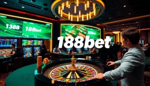 Engaging scene of 188bet with modern casino elements and vibrant betting activities.