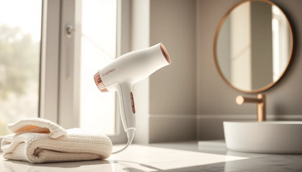 Showcasing laifen se lite hair dryer against a minimalist bathroom setting, emphasizing its sleek design.
