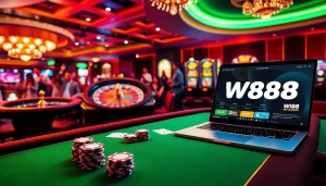 Trải nghiệm sự phấn khích của W88 tại một casino sang trọng với cảnh poker sôi động và vòng quay roulette.