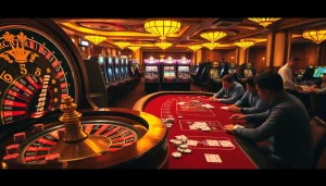 Engaged players strategizing their next move at a vibrant casino table, showcasing the excitement of Tha bet.