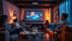 Friends enjoying a movie night at home with filme online gratis on screen.