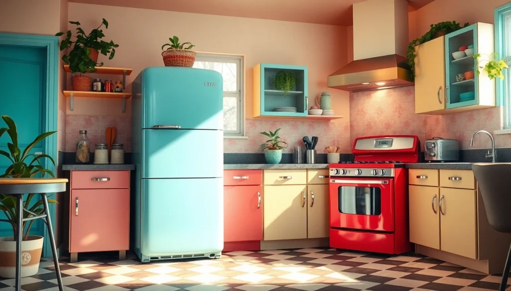 Showcase retro appliances with vibrant colors and smooth finishes in a vintage-inspired kitchen setting.