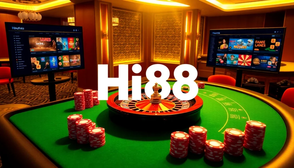 Hi88 casino scene with high-stakes poker and a vibrant roulette wheel.