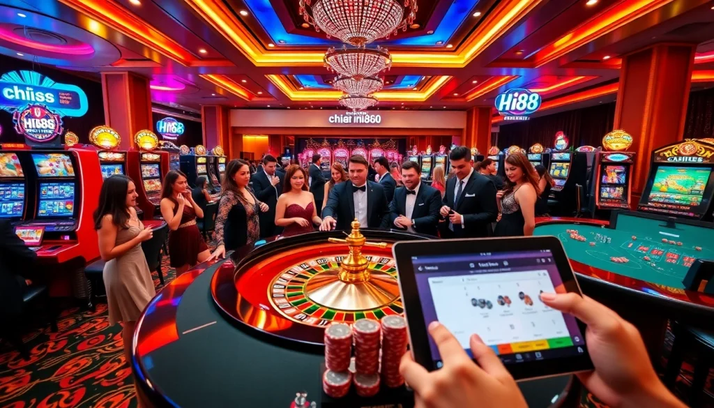 Exciting casino atmosphere featuring Hi88 branding with roulette and poker tables.