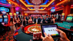 Exciting casino atmosphere featuring Hi88 branding with roulette and poker tables.