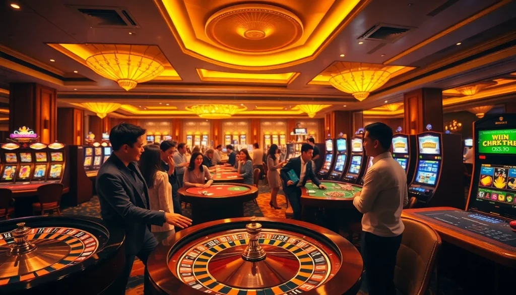 Engaged players celebrate wins at Liên Minh KJC’s luxurious casino tables under warm lighting.