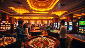 Engaged players celebrate wins at Liên Minh KJC’s luxurious casino tables under warm lighting.
