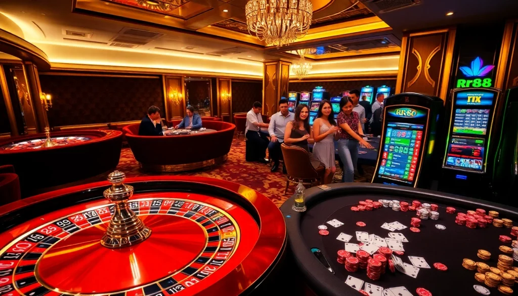 A group plays poker in an upscale casino with vibrant rr88 gaming options.