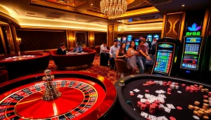 A group plays poker in an upscale casino with vibrant rr88 gaming options.
