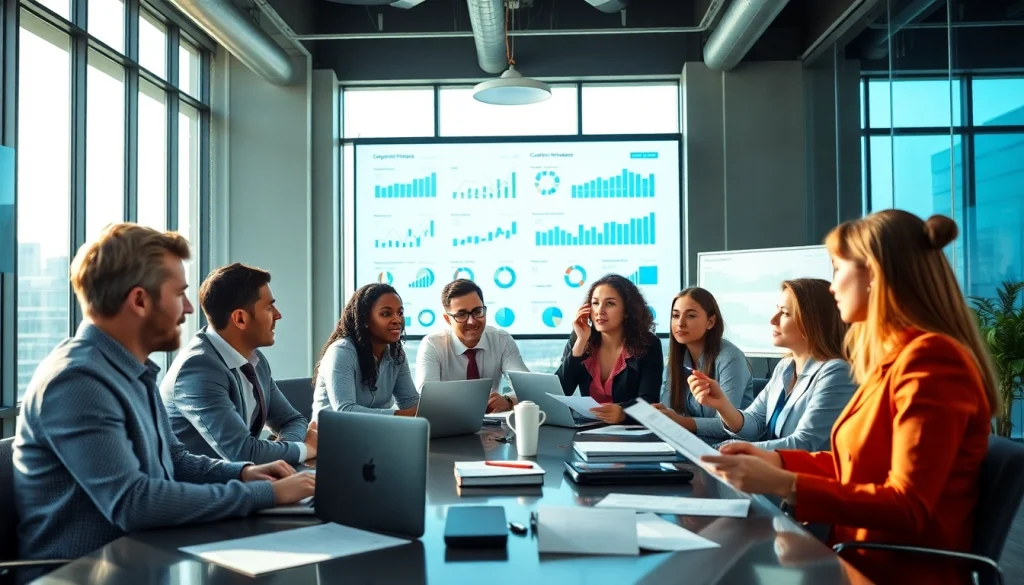 Visualize professionals engaging in competitive intelligence discussions within a modern office.